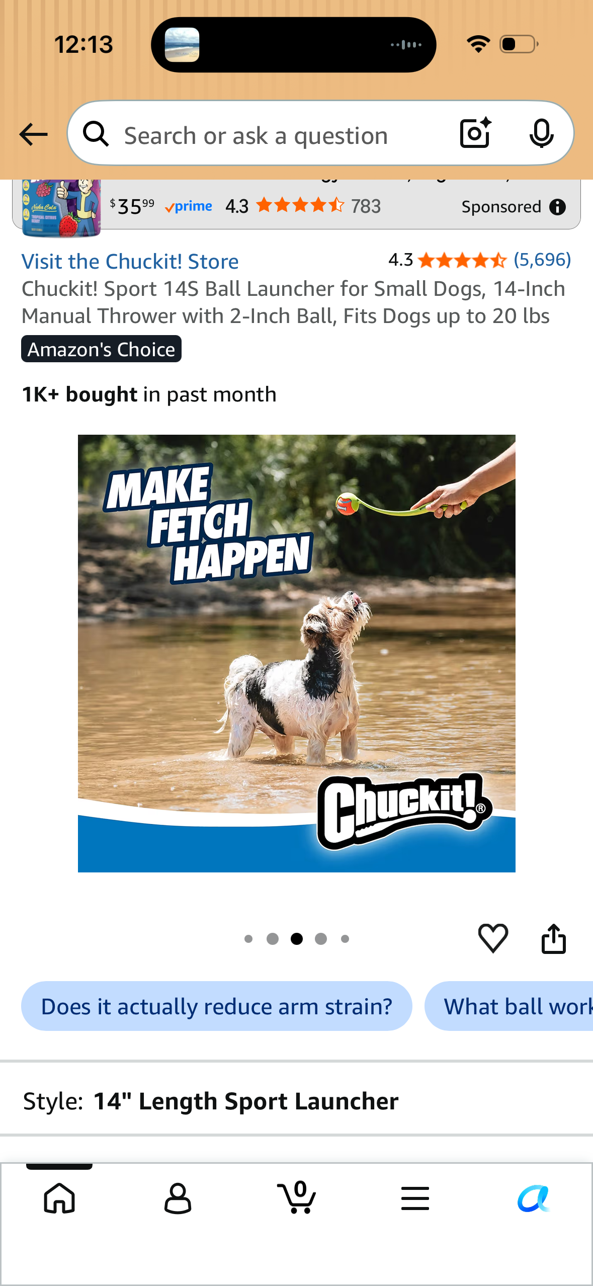 Chuckit! Sport 14S Ball Launcher for Small Dogs, 14-Inch Manual Thrower with 2-Inch Ball, Fits Dogs up to 20 lbs