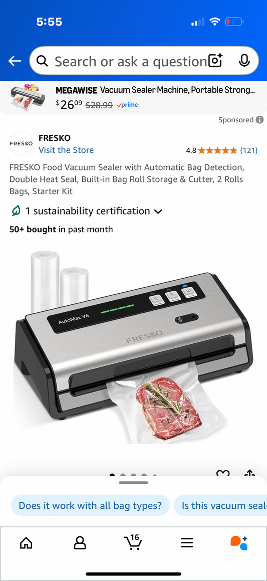 FRESKO Food Vacuum Sealer with Automatic Bag Detection, Double Heat Seal, Built-in Bag Roll Storage & Cutter, 2 Rolls Bags, Starter Kit