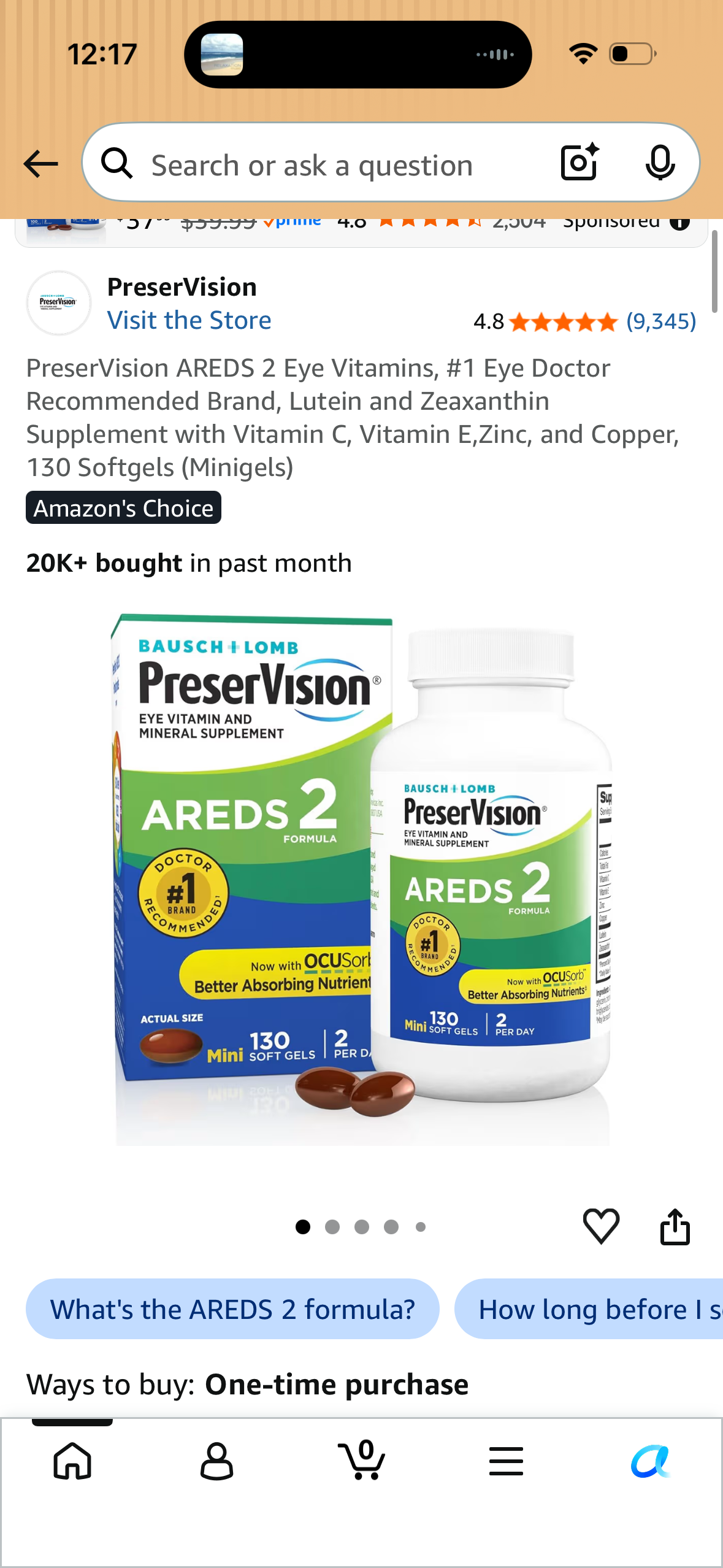 PreserVision AREDS 2 Eye Vitamins, #1 Eye Doctor Recommended Brand, Lutein and Zeaxanthin Supplement with Vitamin C, Vitamin E,Zinc, and Copper, 130 Softgels (Minigels)