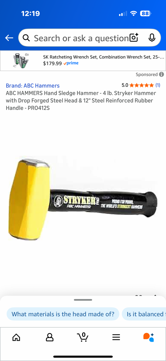 ABC HAMMERS Hand Sledge Hammer - 4 lb. Look Stryker Hammer with Drop Forged Steel Head & 12" Steel Reinforced Rubber Handle - PRO412S