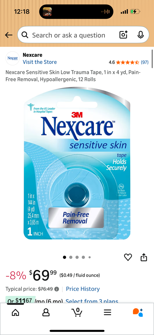 Nexcare Sensitive Skin Low Trauma Tape, 1 in x 4 yd, Pain-Free Removal, Hypoallergenic, 12 Rolls