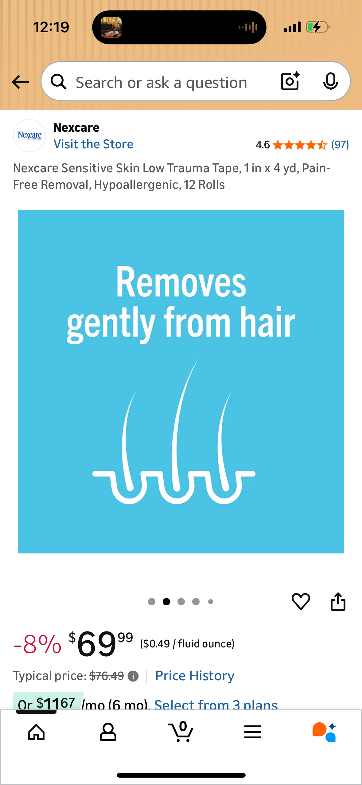 Nexcare Sensitive Skin Low Trauma Tape, 1 in x 4 yd, Pain-Free Removal, Hypoallergenic, 12 Rolls