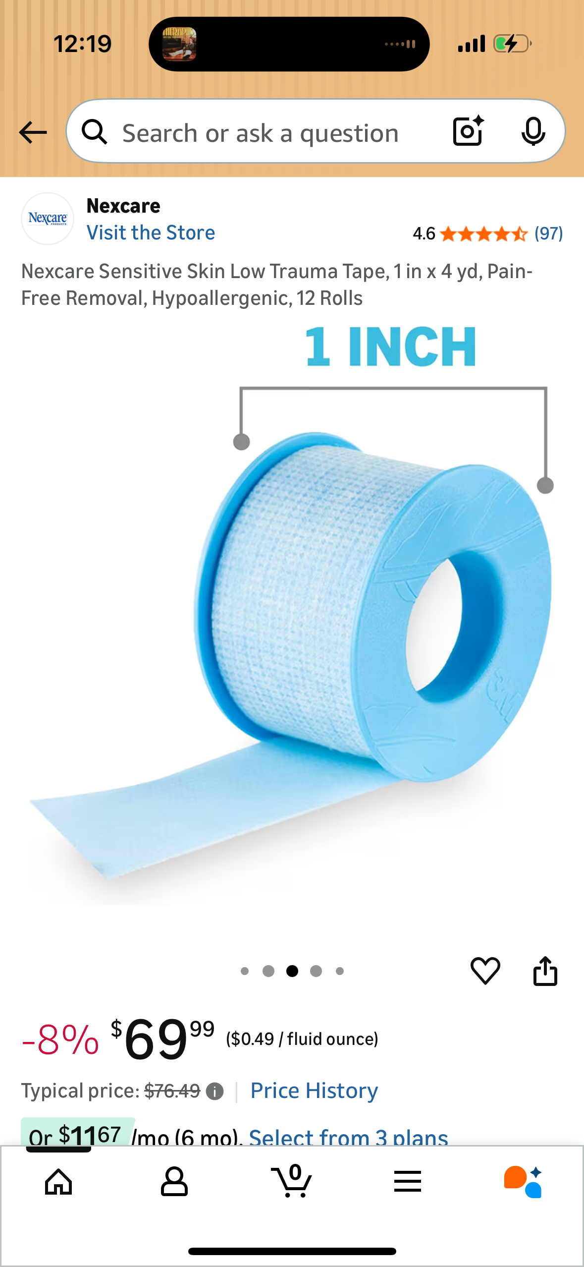 Nexcare Sensitive Skin Low Trauma Tape, 1 in x 4 yd, Pain-Free Removal, Hypoallergenic, 12 Rolls