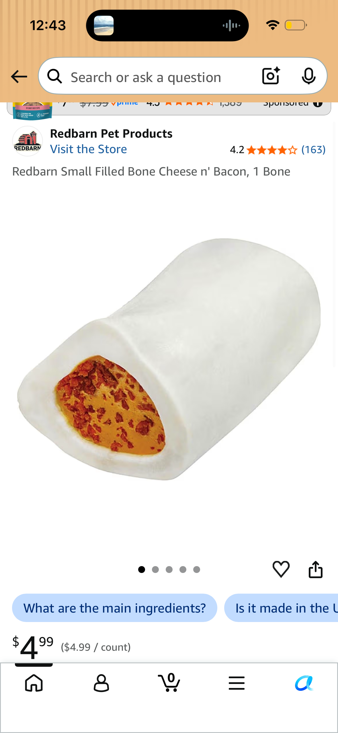 Redbarn Small Filled Bone Cheese n' Bacon, 1 Bone (3.8in Length)