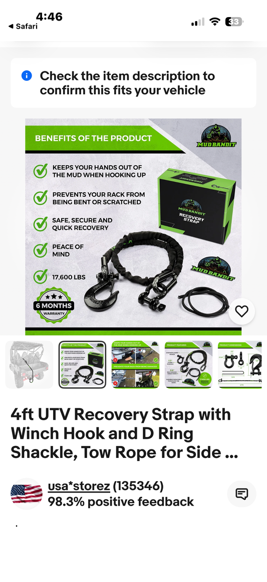Mud Bandit 4ft UTV Recovery Strap with Winch Hook and D Ring Shackle, Tow Rope for Side by Side, 17,600lb Synthetic Rope with Loops, Premium Mudding Accessories