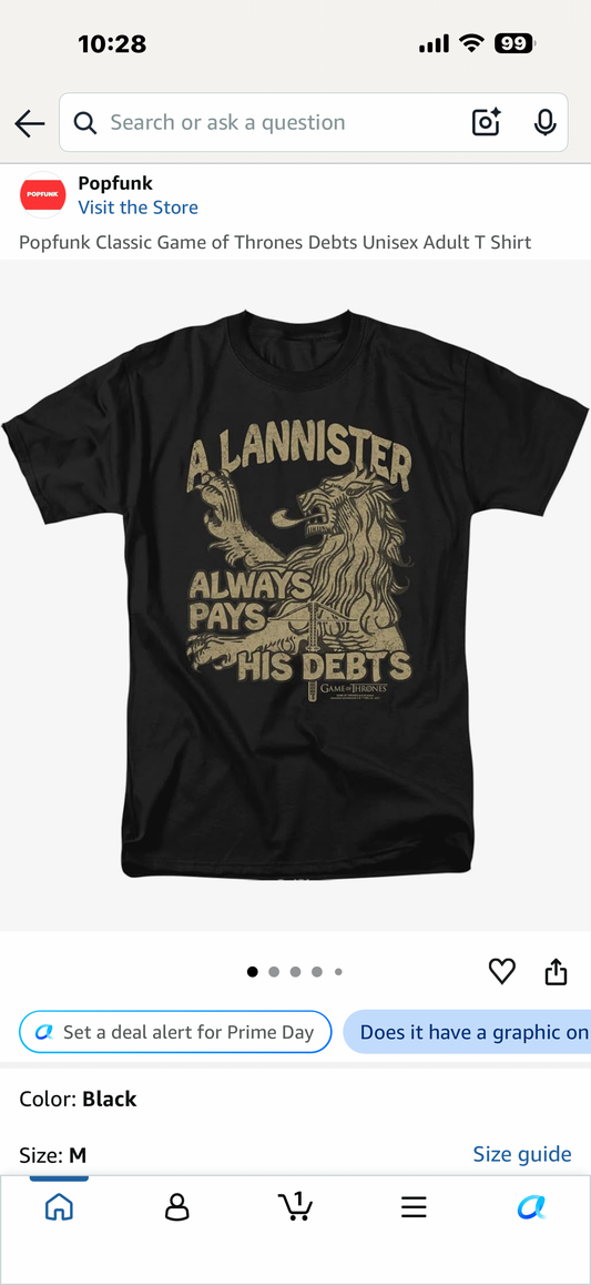 Popfunk Classic Game of Thrones Debts Unisex Adult T Shirt (Size XL)