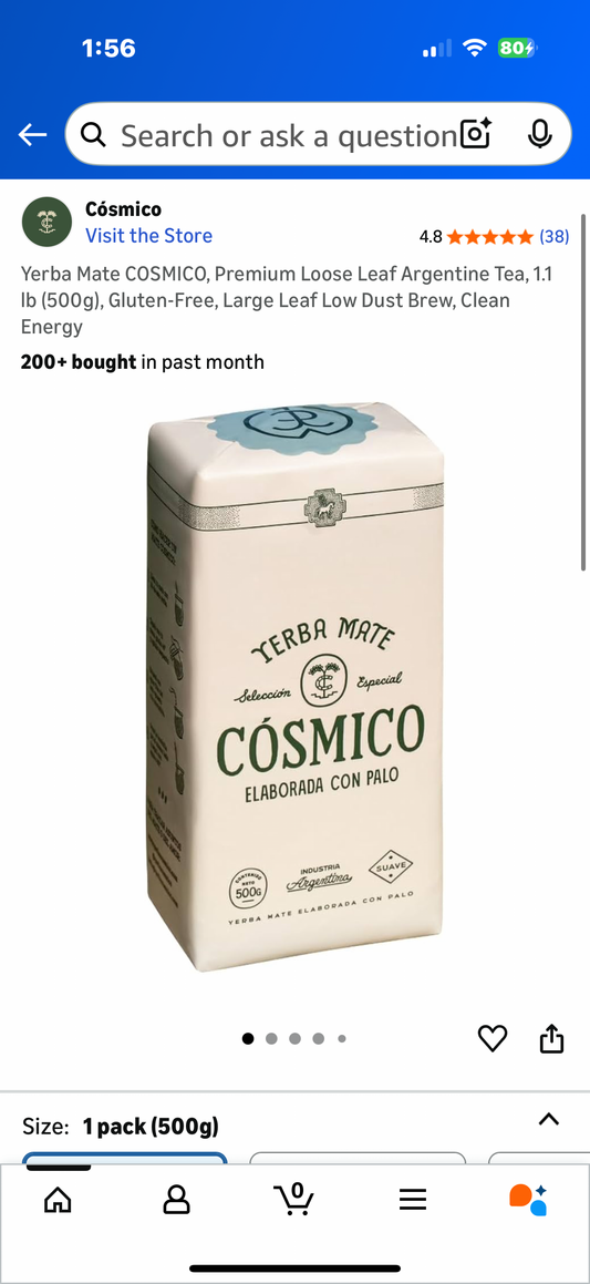 Yerba Mate COSMICO, Premium Loose Leaf Argentine Tea, 1.1 lb (500g), Gluten-Free, Large Leaf Low Dust Brew, Clean Energy