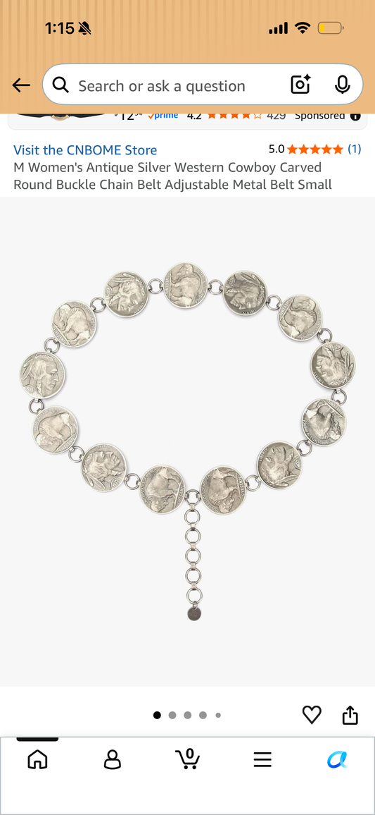 M Women's Antique Silver Western Cowboy Carved Round Buckle Chain Belt Adjustable Metal Belt Small