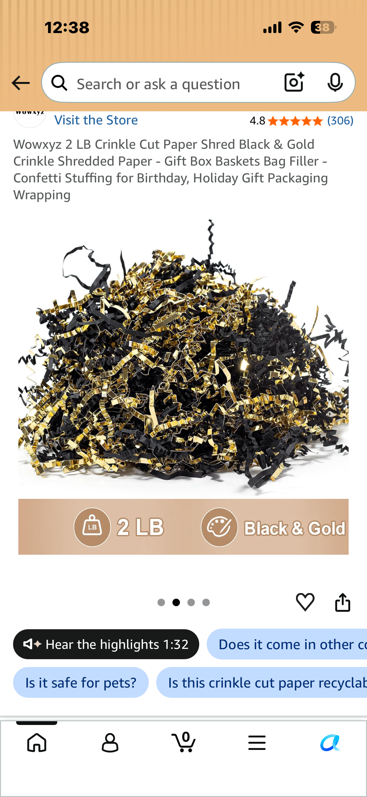 2 LB Crinkle Cut Paper Shred Black & Gold Crinkle Shredded Paper - Gift Box Baskets Bag Filler - Confetti Stuffing for Birthday, Holiday Gift Packaging Wrapping