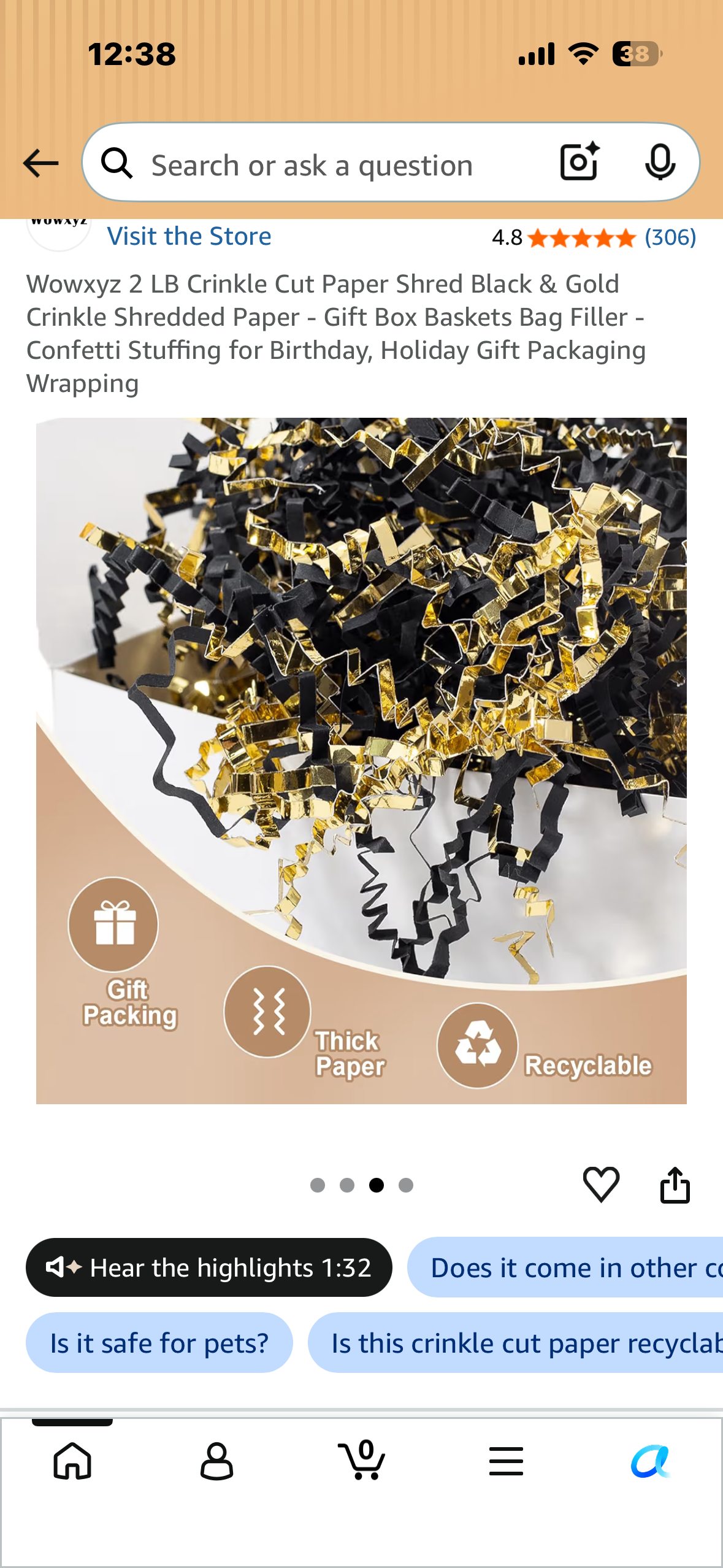 2 LB Crinkle Cut Paper Shred Black & Gold Crinkle Shredded Paper - Gift Box Baskets Bag Filler - Confetti Stuffing for Birthday, Holiday Gift Packaging Wrapping