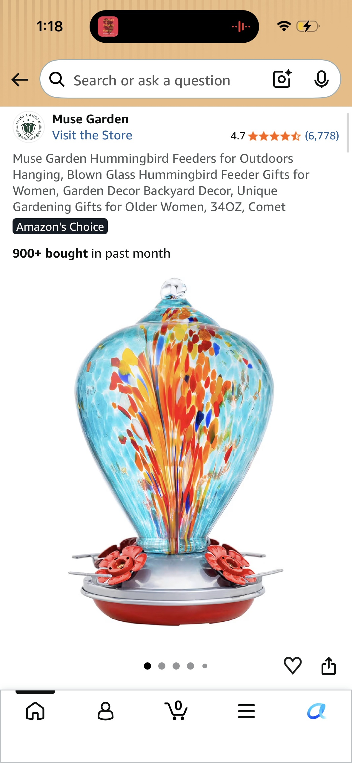 Muse Garden Hummingbird Feeders for Outdoors Hanging, Blown Glass Hummingbird Feeder Gifts for Women, Garden Decor Backyard Decor, Unique Gardening Gifts for Older Women, 34OZ, Comet