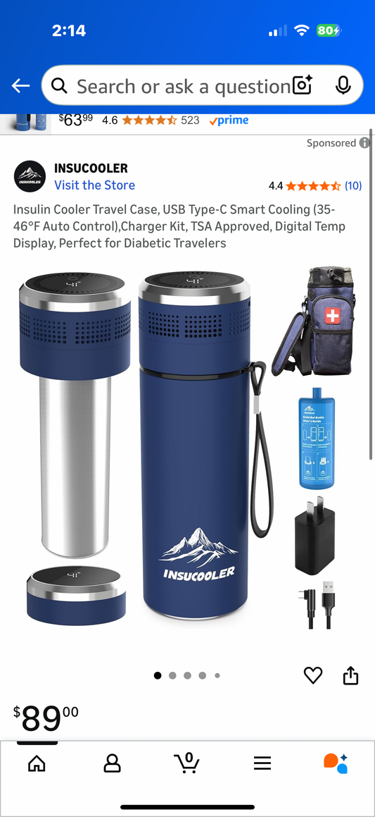 Insulin Cooler Travel Case, USB Type-C Smart Cooling (35-46°F Auto Control),Charger Kit, TSA Approved, Digital Temp Display, Perfect for Diabetic Travelers