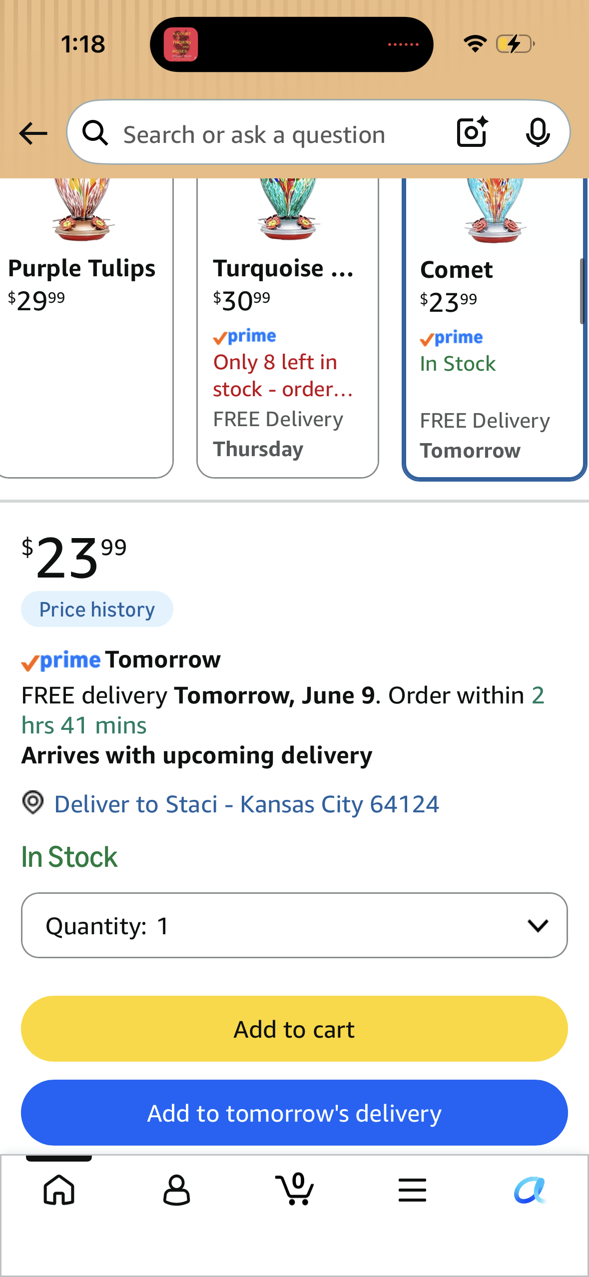 Muse Garden Hummingbird Feeders for Outdoors Hanging, Blown Glass Hummingbird Feeder Gifts for Women, Garden Decor Backyard Decor, Unique Gardening Gifts for Older Women, 34OZ, Comet
