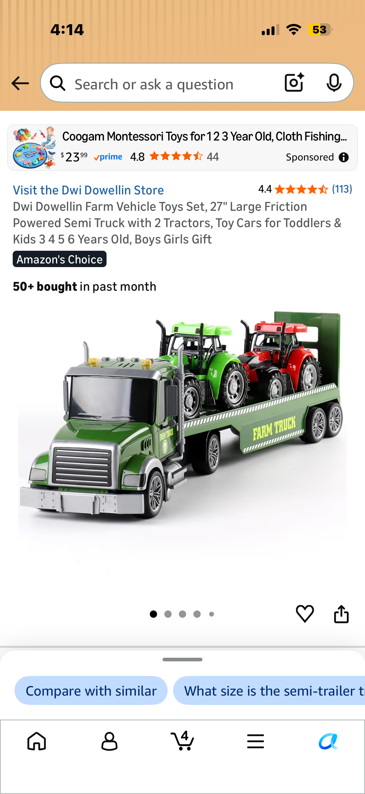 Dwi Dowellin Farm Vehicle Toys Set, 27" Large Friction Powered Semi Truck with 2 Tractors, Toy Cars for Toddlers & Kids 3 4 5 6 Years Old, Boys Girls Gift