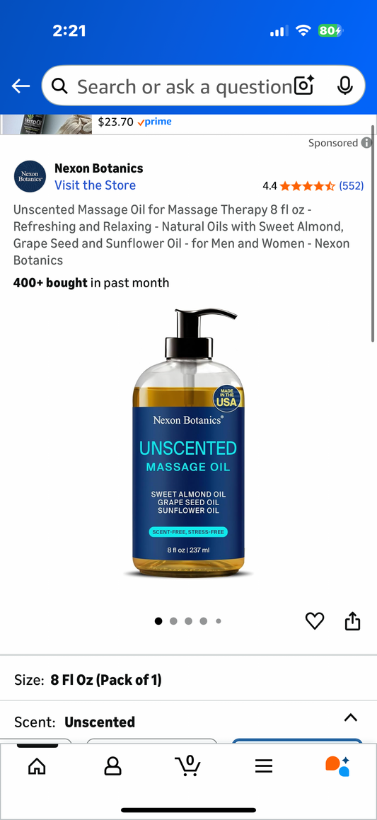 Unscented Massage Oil for Massage Therapy 8 fl oz - Refreshing and Relaxing - Natural Oils with Sweet Almond, Grape Seed and Sunflower Oil - for Men and Women - Nexon Botanics