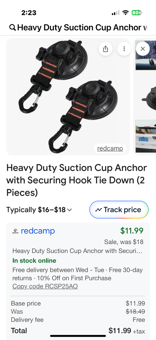 Heavy Duty Suction Cup Anchor with Securing Hook Tie Down (2 Pieces)