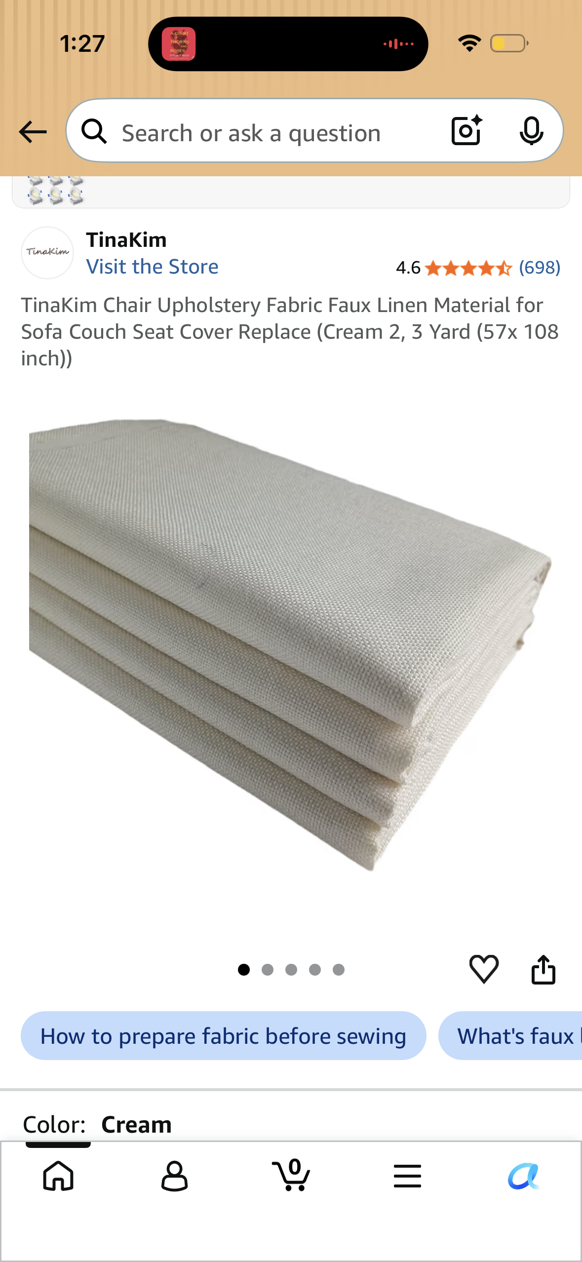 TinaKim Chair Upholstery Fabric Faux Linen Material for Sofa Couch Seat Cover Replace (Cream 2, 3 Yard (57x 108 inch))