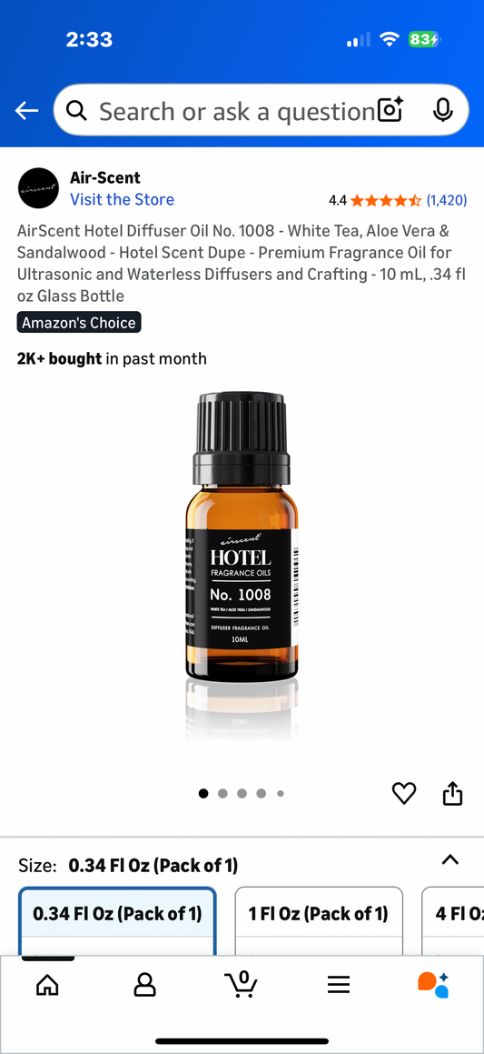 AirScent Hotel Diffuser Oil No. 1008 - White Tea, Aloe Vera & Sandalwood - Hotel Scent Dupe - Premium Fragrance Oil for Ultrasonic and Waterless Diffusers and Crafting - 10 mL, .34 fl oz Glass Bottle