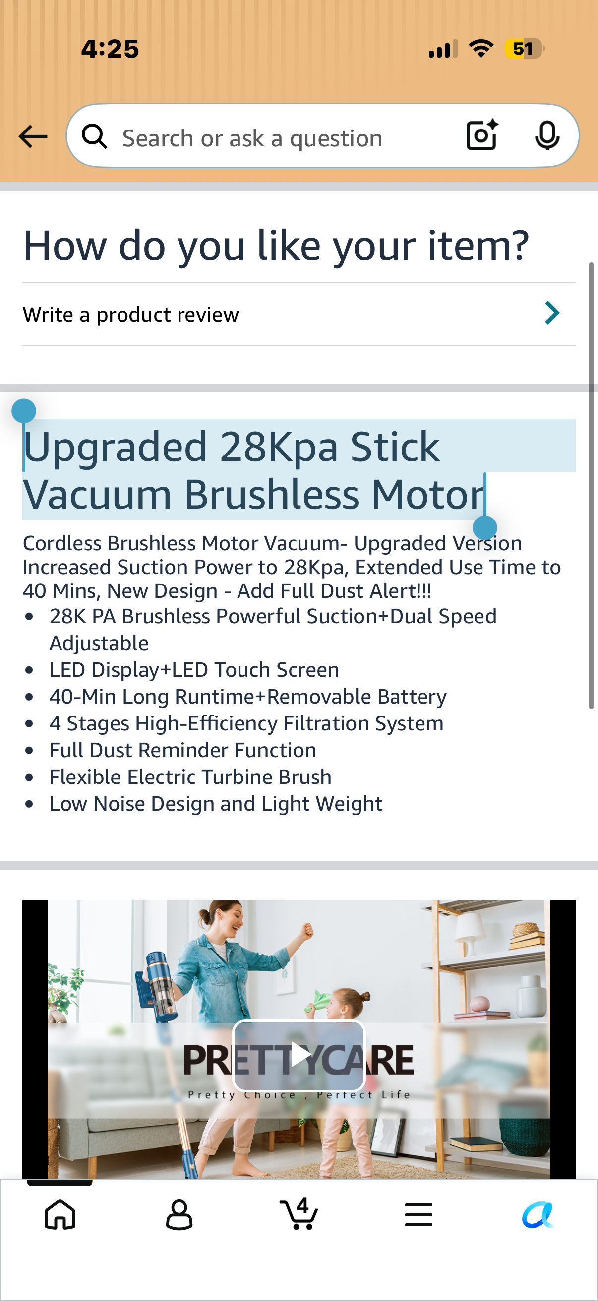 Upgraded 28Kpa Stick Vacuum Brushless Motor Lighweight, Rechargeable, LED display perfect for hardwood, carpet and pet hair