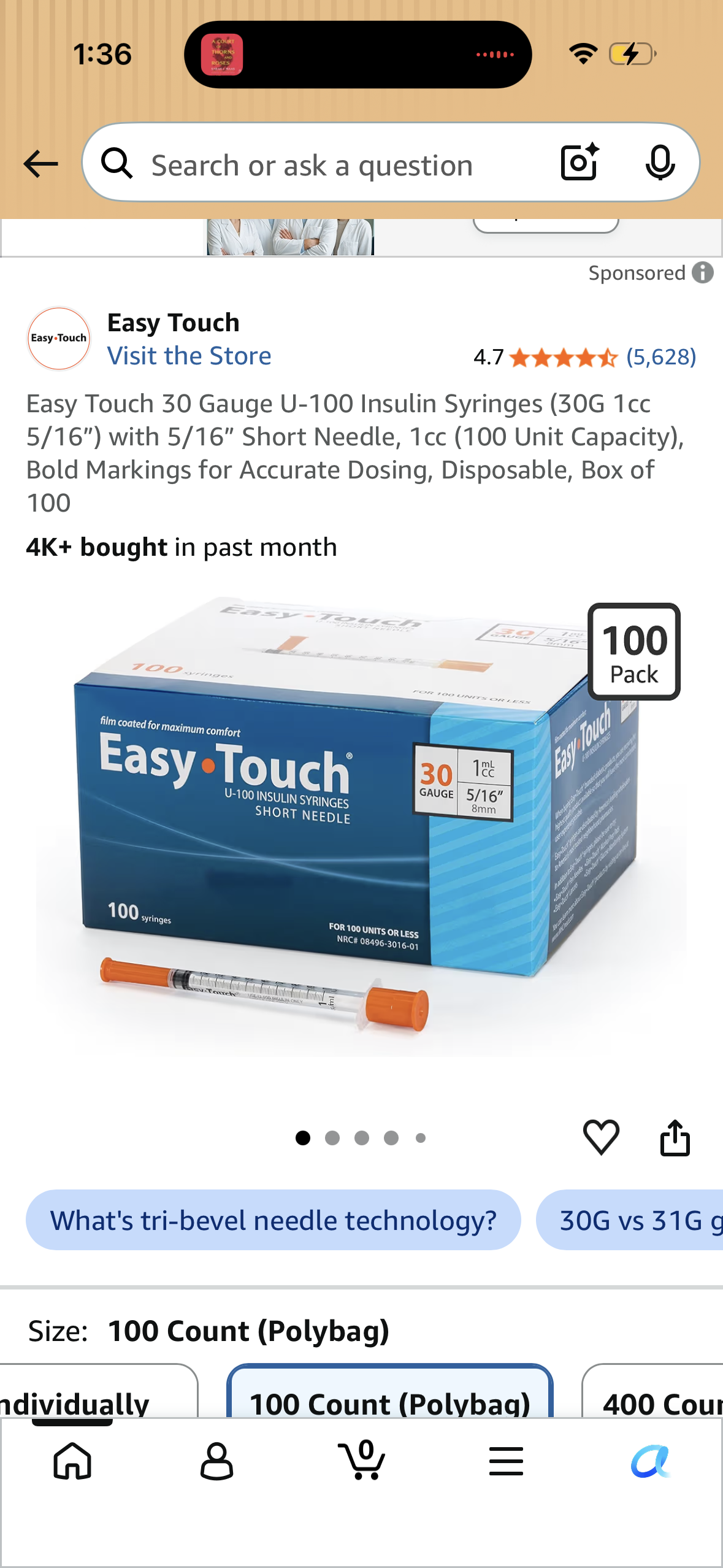 Easy Touch 30 Gauge U-100 Insulin Syringes (30G 1cc 5/16”) with 5/16” Short Needle, 1cc (100 Unit Capacity), Bold Markings for Accurate Dosing, Disposable, Box of 100