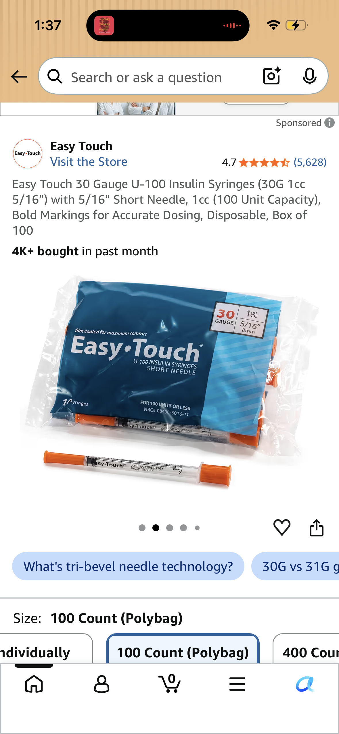 Easy Touch 30 Gauge U-100 Insulin Syringes (30G 1cc 5/16”) with 5/16” Short Needle, 1cc (100 Unit Capacity), Bold Markings for Accurate Dosing, Disposable, Box of 100