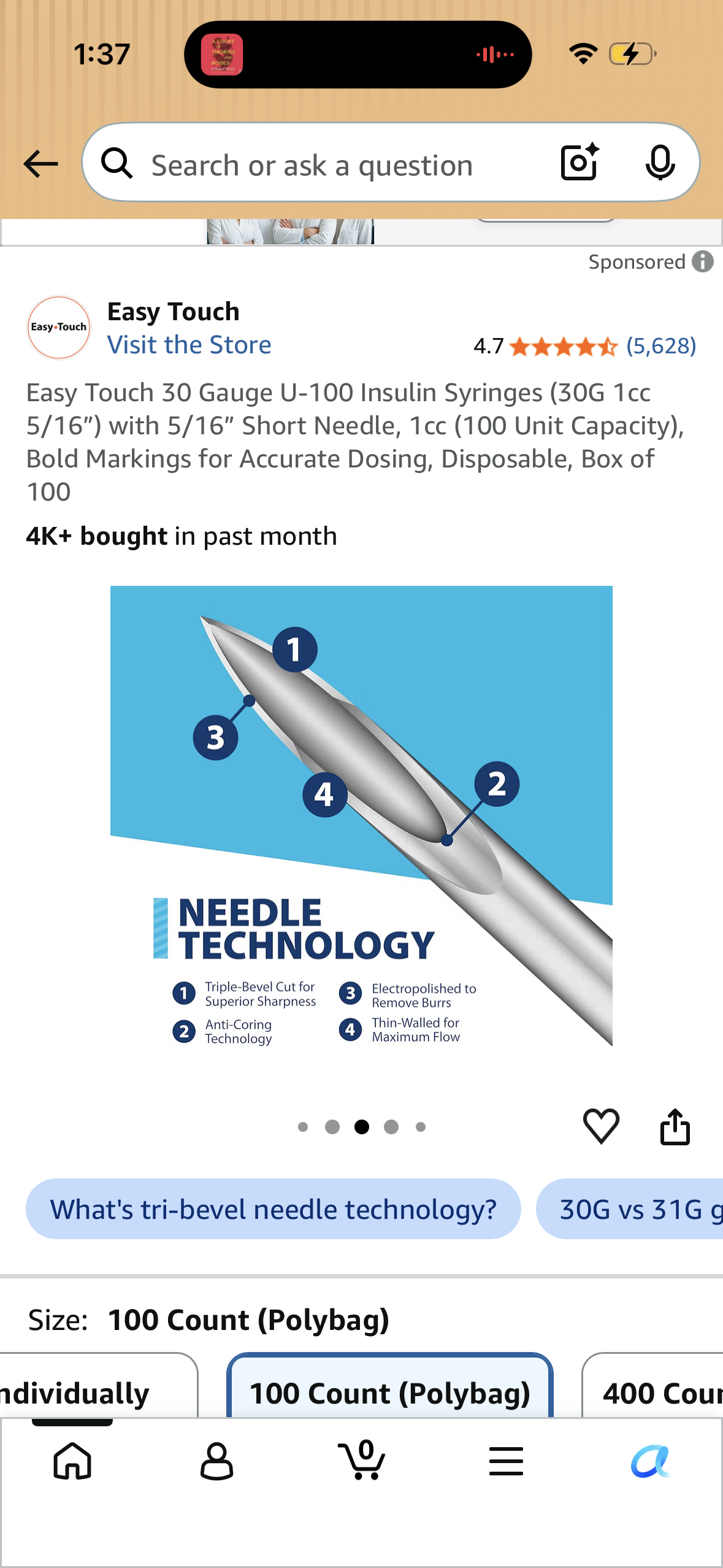 Easy Touch 30 Gauge U-100 Insulin Syringes (30G 1cc 5/16”) with 5/16” Short Needle, 1cc (100 Unit Capacity), Bold Markings for Accurate Dosing, Disposable, Box of 100