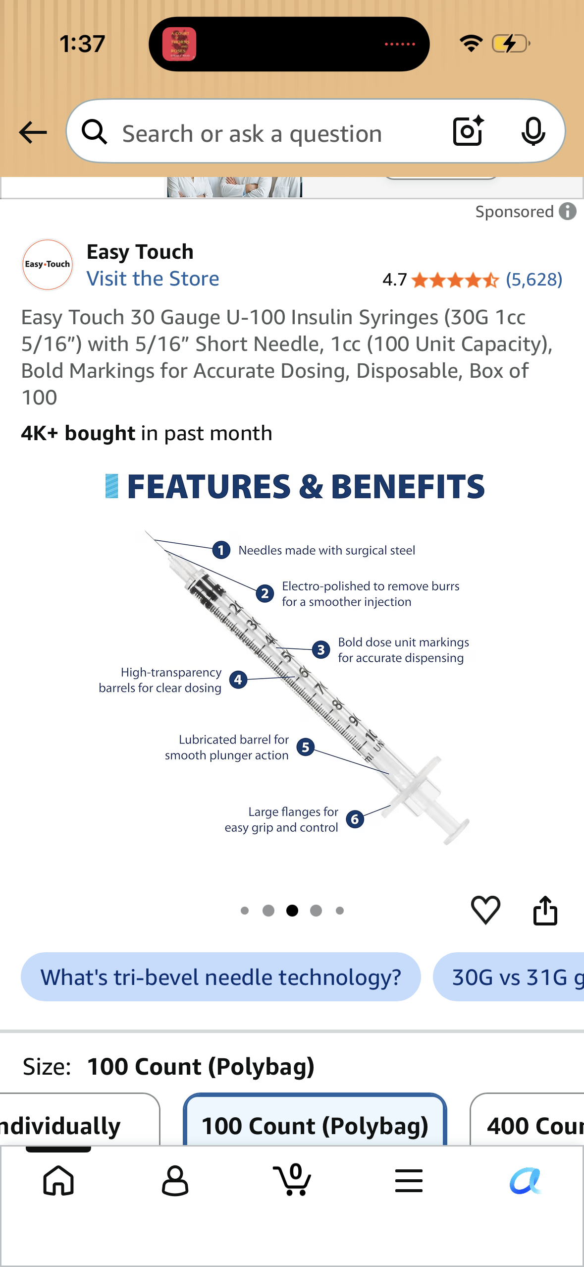 Easy Touch 30 Gauge U-100 Insulin Syringes (30G 1cc 5/16”) with 5/16” Short Needle, 1cc (100 Unit Capacity), Bold Markings for Accurate Dosing, Disposable, Box of 100