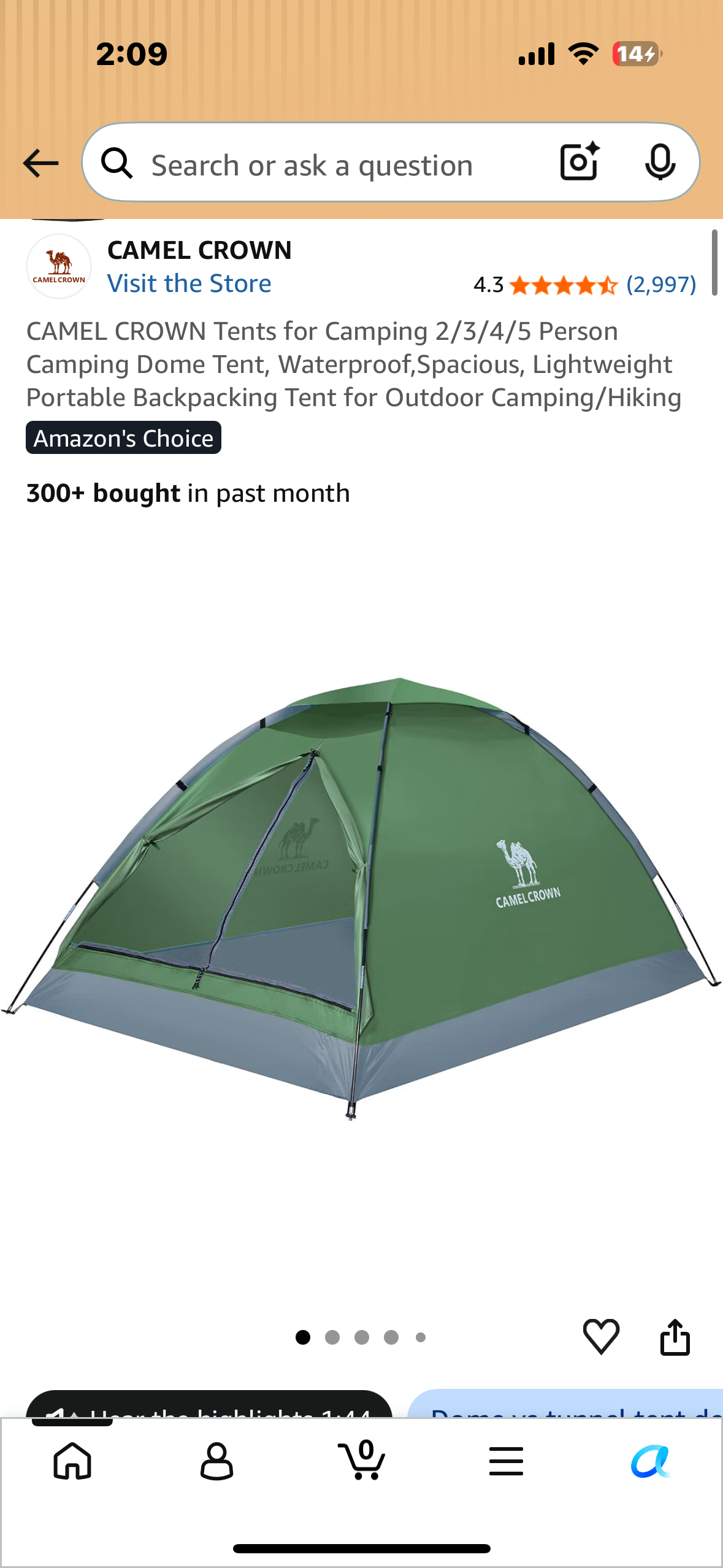 CAMEL CROWN Tents for Camping 2/3/4/5 Person Camping Dome Tent, Waterproof,Spacious, Lightweight Portable Backpacking Tent for Outdoor Camping/Hikinge