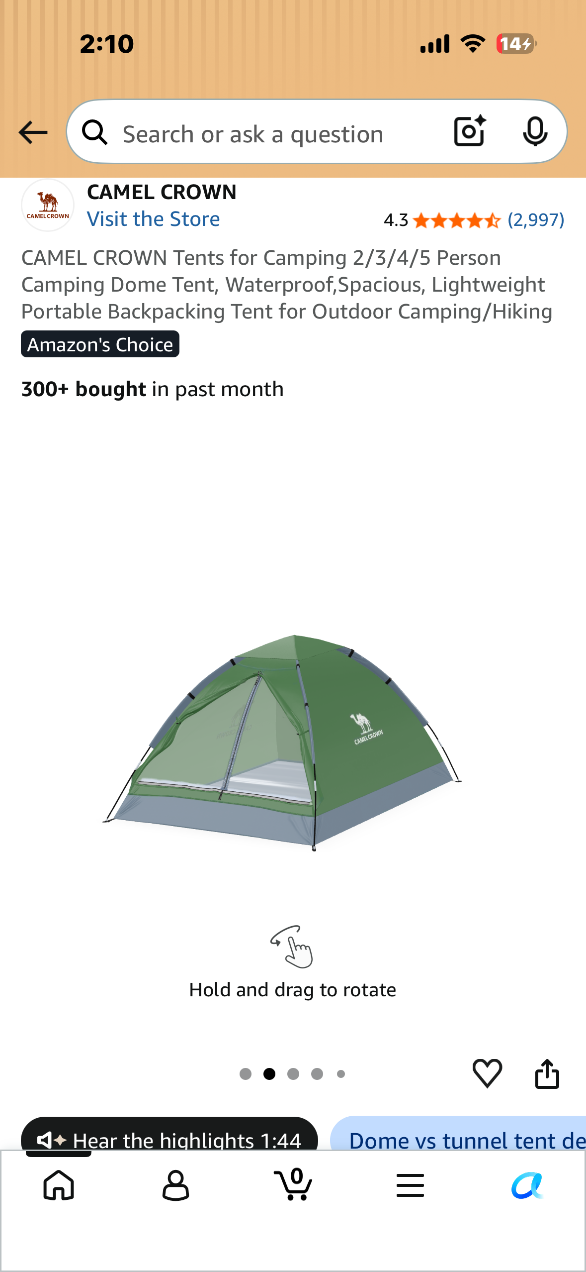 CAMEL CROWN Tents for Camping 2/3/4/5 Person Camping Dome Tent, Waterproof,Spacious, Lightweight Portable Backpacking Tent for Outdoor Camping/Hikinge