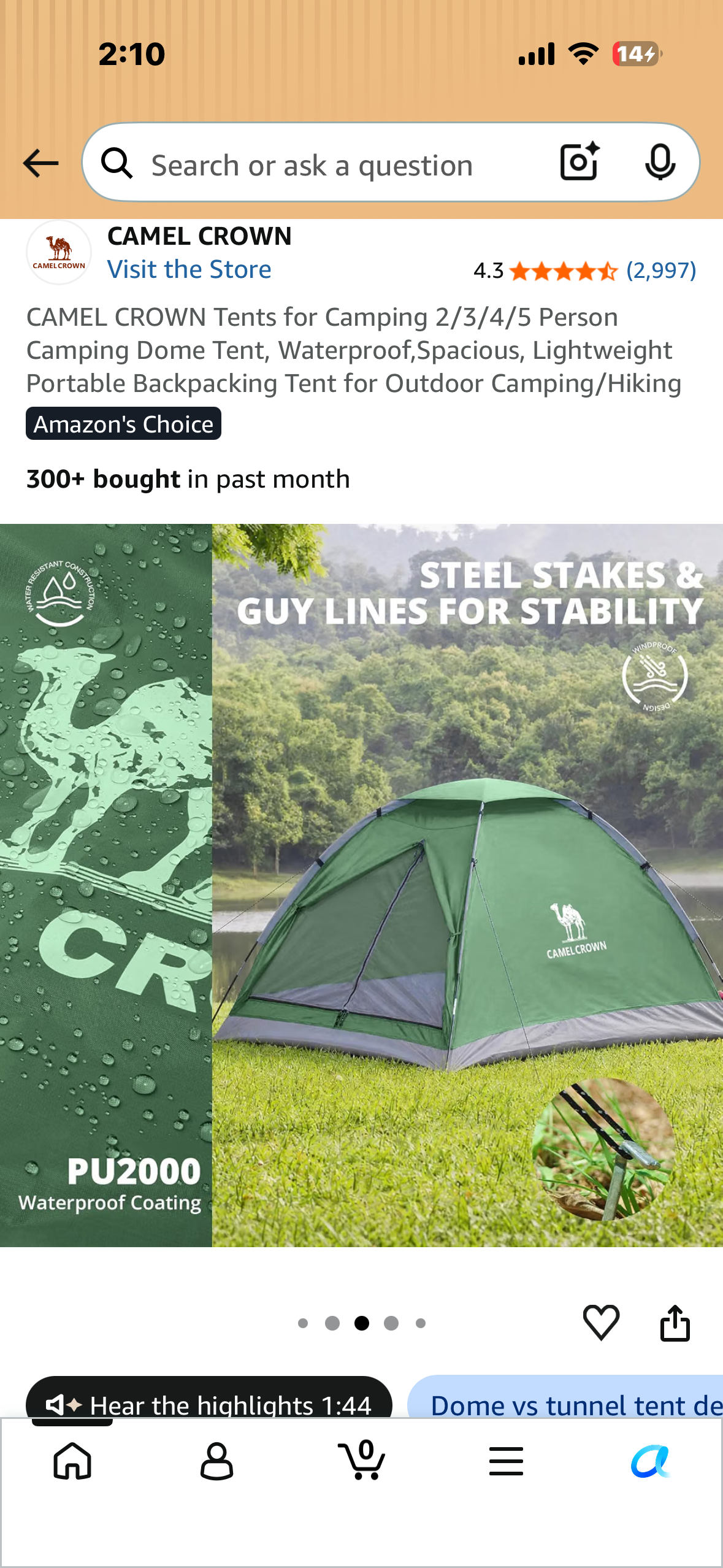CAMEL CROWN Tents for Camping 2/3/4/5 Person Camping Dome Tent, Waterproof,Spacious, Lightweight Portable Backpacking Tent for Outdoor Camping/Hikinge