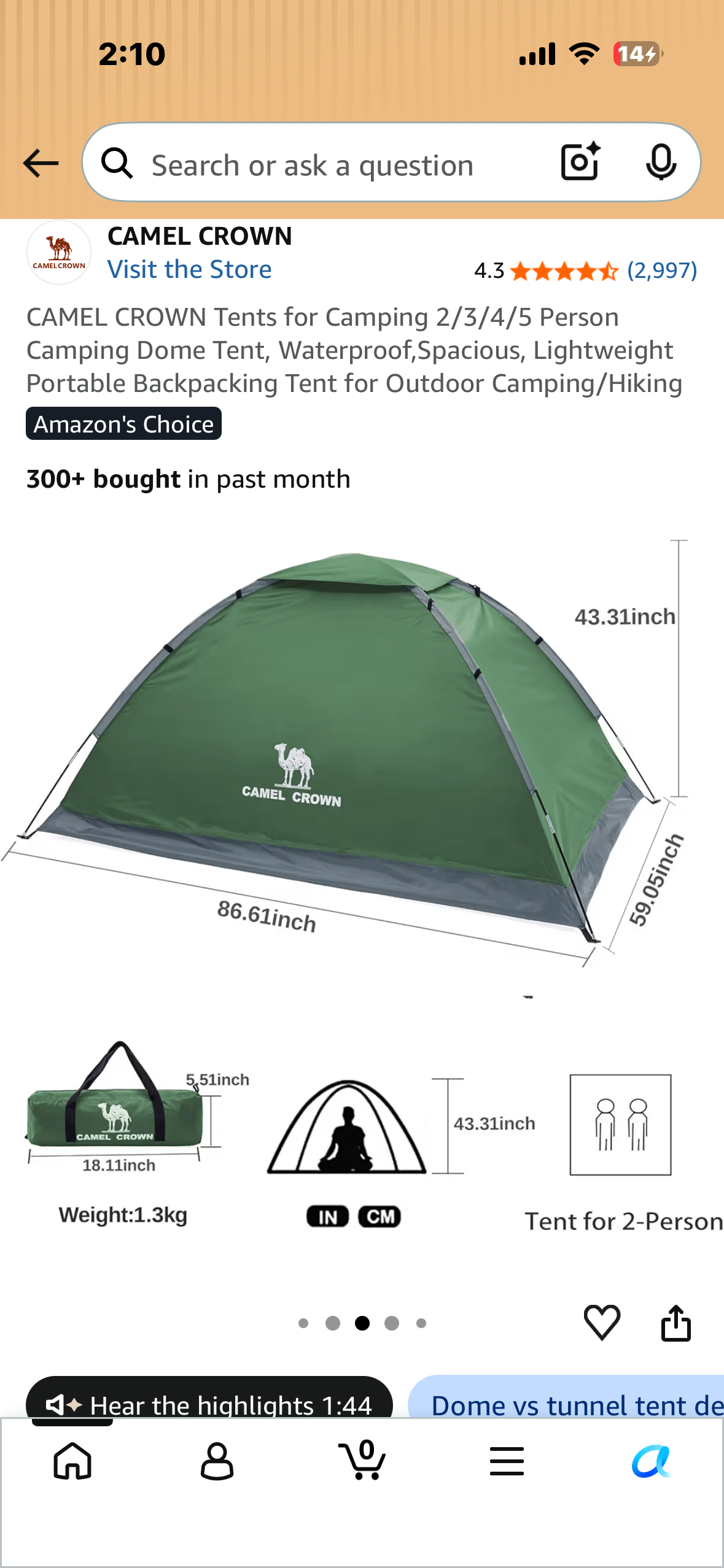 CAMEL CROWN Tents for Camping 2/3/4/5 Person Camping Dome Tent, Waterproof,Spacious, Lightweight Portable Backpacking Tent for Outdoor Camping/Hikinge
