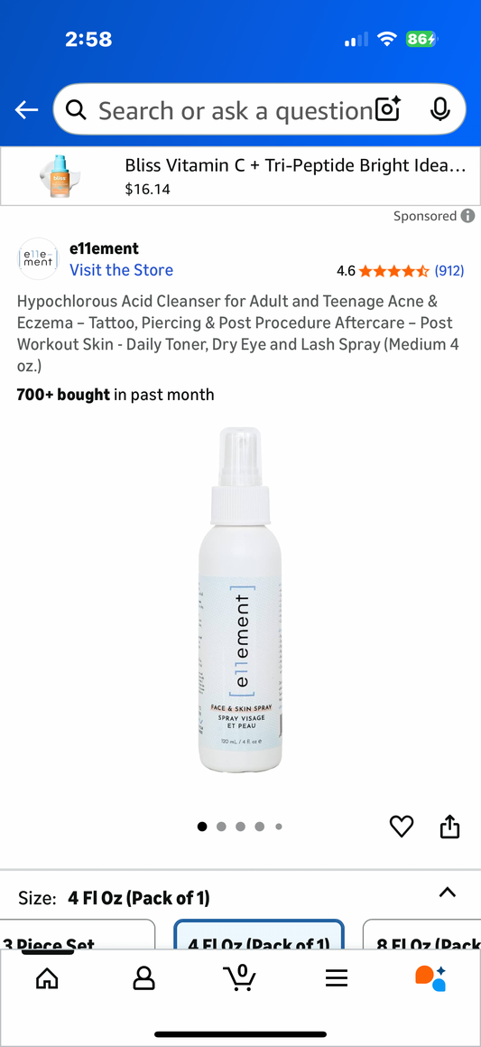 Hypochlorous Acid Cleanser for Adult and Teenage Acne & Eczema – Tattoo, Piercing & Post Procedure Aftercare – Post Workout Skin - Daily Toner, Dry Eye and Lash Spray (Medium 4