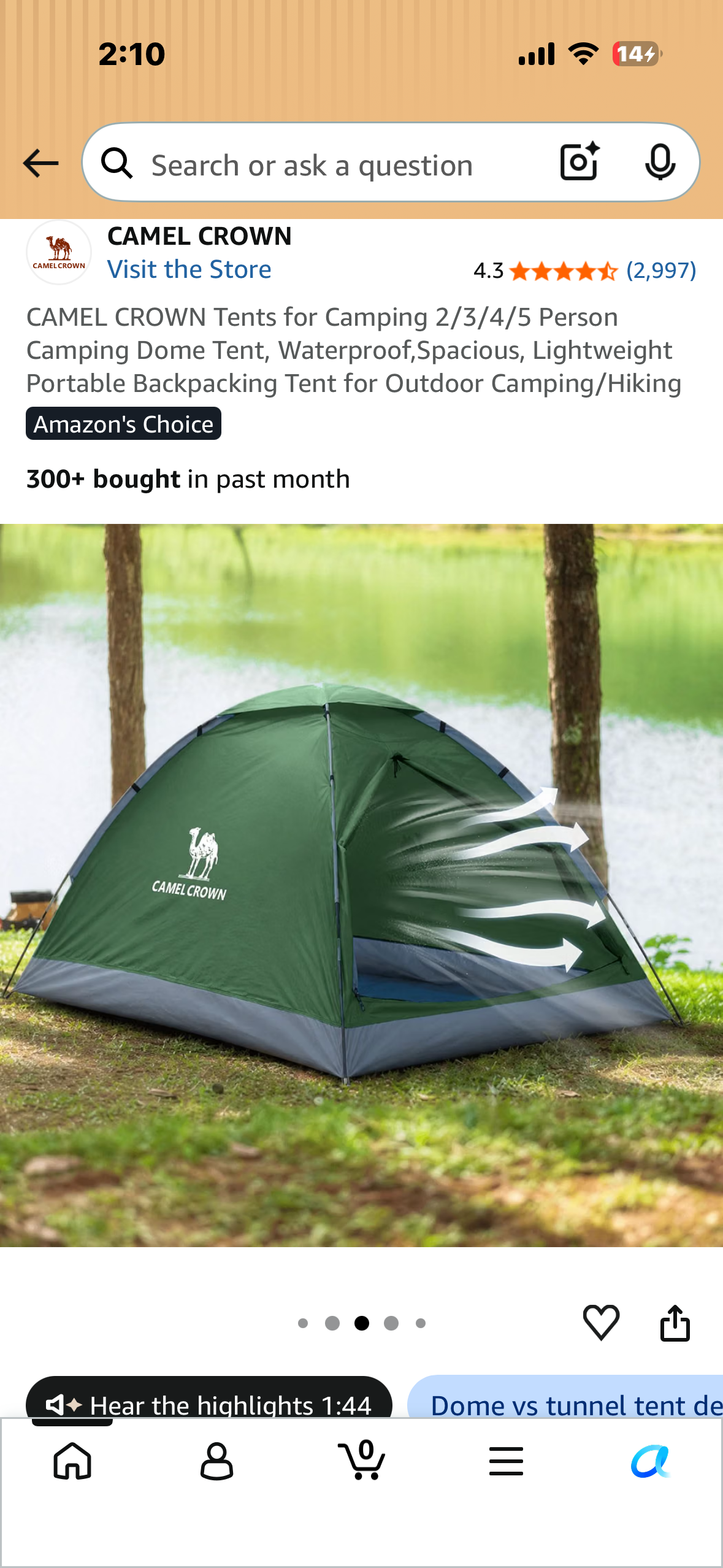 CAMEL CROWN Tents for Camping 2/3/4/5 Person Camping Dome Tent, Waterproof,Spacious, Lightweight Portable Backpacking Tent for Outdoor Camping/Hikinge