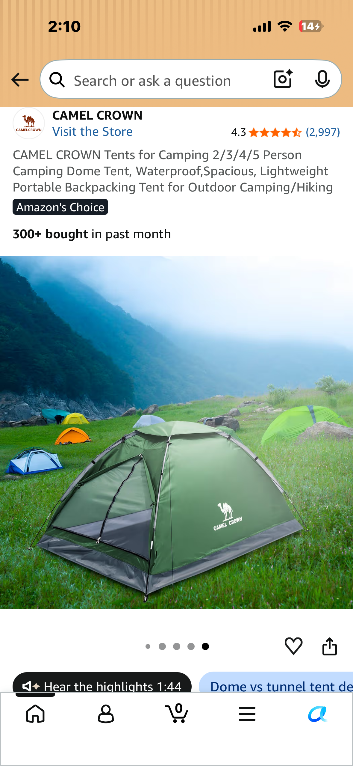 CAMEL CROWN Tents for Camping 2/3/4/5 Person Camping Dome Tent, Waterproof,Spacious, Lightweight Portable Backpacking Tent for Outdoor Camping/Hikinge
