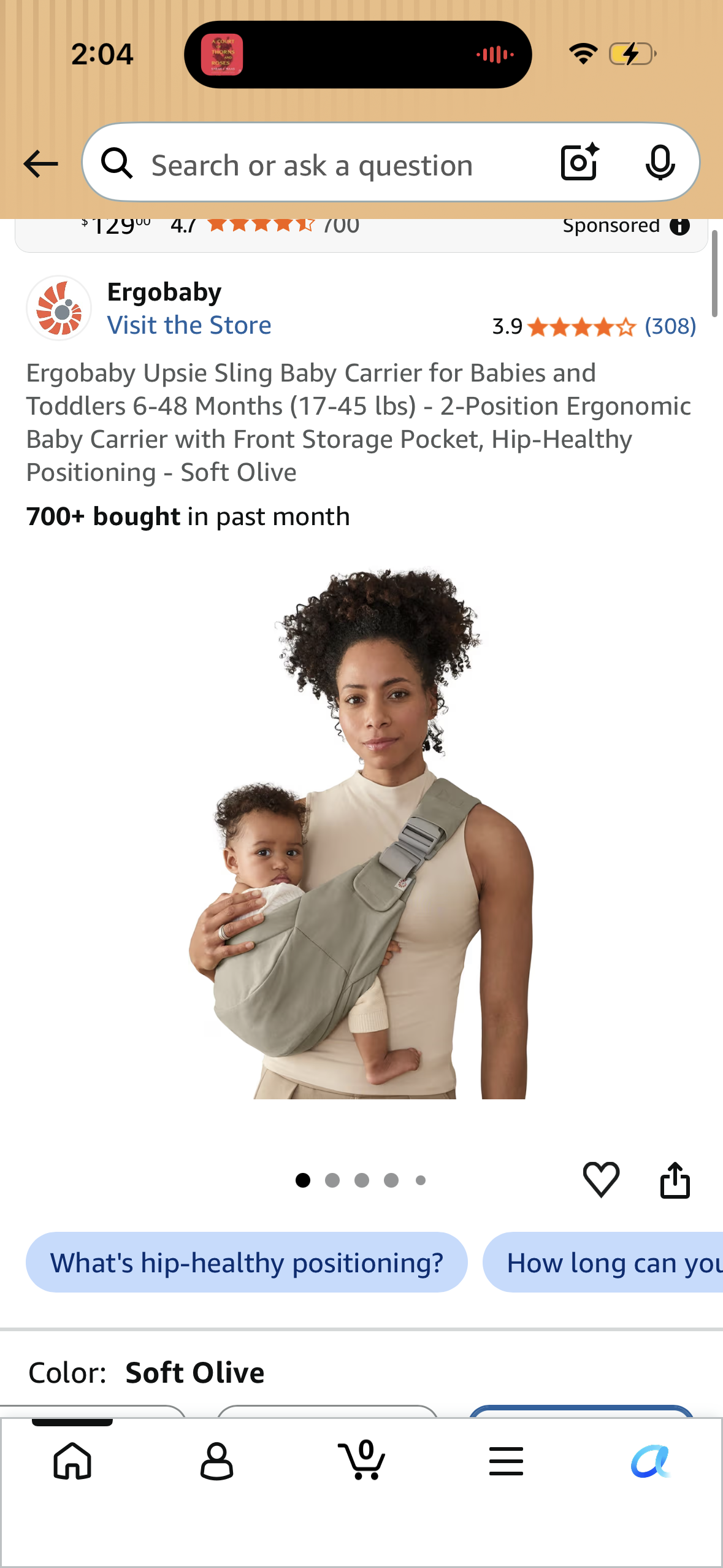 Ergobaby Upsie Sling Baby Carrier for Babies and Toddlers 6-48 Months (17-45 lbs) - 2-Position Ergonomic Baby Carrier with Front Storage Pocket, Hip-Healthy Positioning - Soft Olive