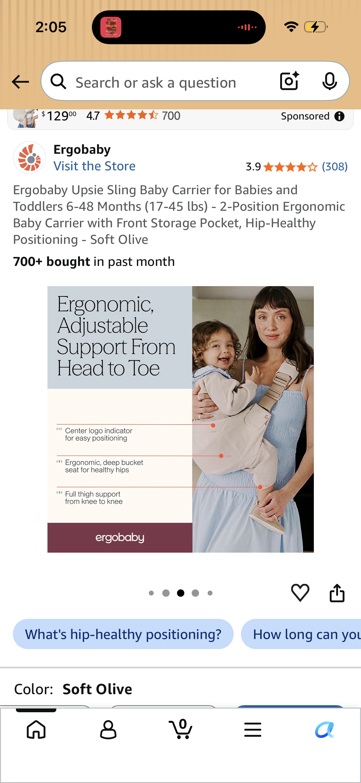 Ergobaby Upsie Sling Baby Carrier for Babies and Toddlers 6-48 Months (17-45 lbs) - 2-Position Ergonomic Baby Carrier with Front Storage Pocket, Hip-Healthy Positioning - Soft Olive