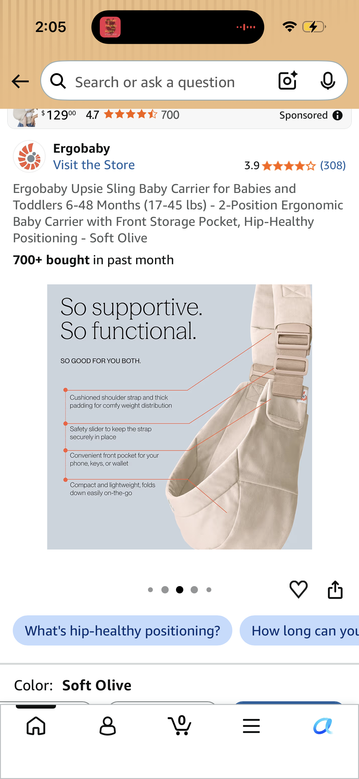 Ergobaby Upsie Sling Baby Carrier for Babies and Toddlers 6-48 Months (17-45 lbs) - 2-Position Ergonomic Baby Carrier with Front Storage Pocket, Hip-Healthy Positioning - Soft Olive