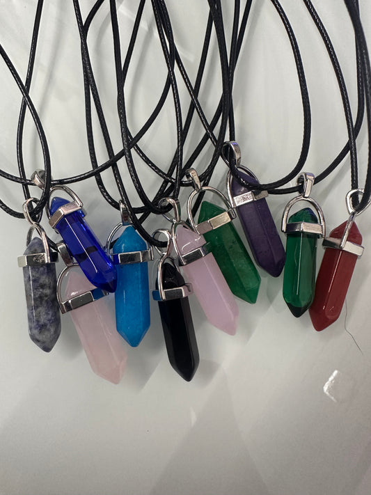 Hexagonal Shaped Crystal Natural Stone Pendant with Black Leather Necklace Chain