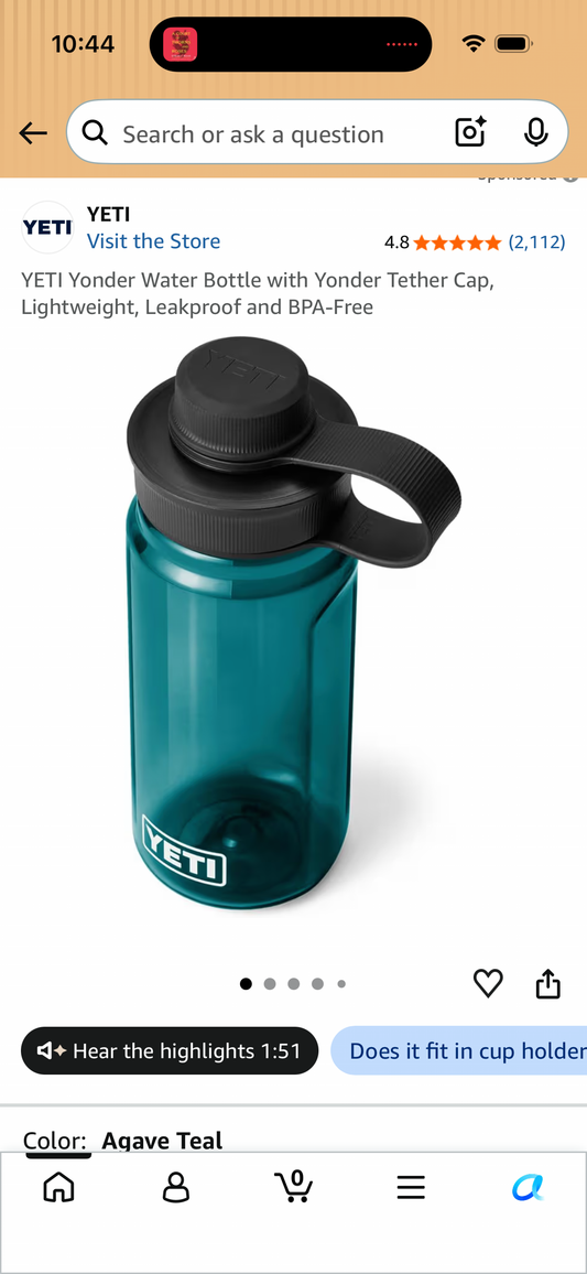 YETI Yonder Water Bottle with Yonder Tether Cap, Lightweight, Leakproof and BPA-Free