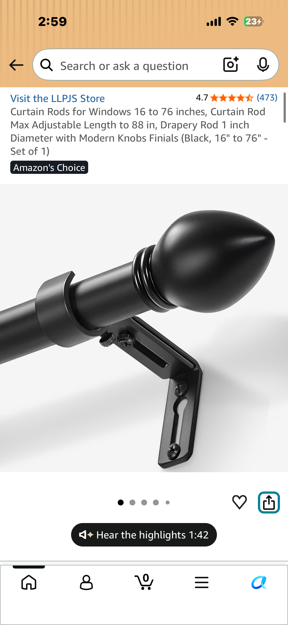 Curtain Rod 16” to 76”, Curtain Rod Max Adjustable Length to 88”, 1” Diameter with Modern Knobs, Finials (Black, Set of 1)