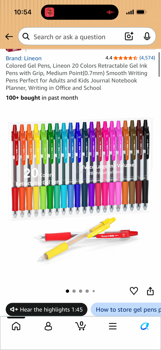 Colored Gel Pens, Lineon 20 Colors Retractable Gel Ink Pens with Grip, Medium Point(0.7mm) Smooth Writing Pens Perfect for Adults and Kids Journal Notebook Planner, Writing in Office and School
