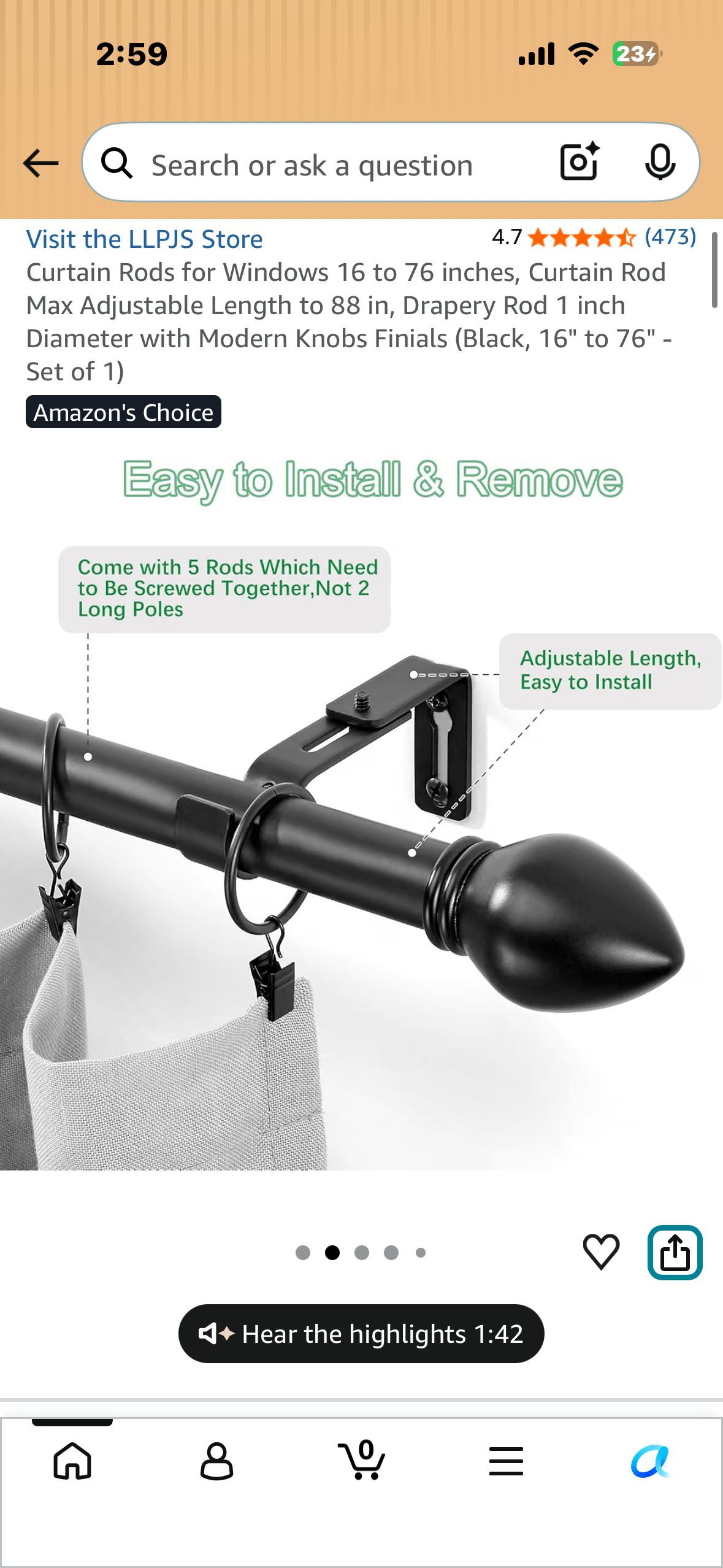 Curtain Rod 16” to 76”, Curtain Rod Max Adjustable Length to 88”, 1” Diameter with Modern Knobs, Finials (Black, Set of 1)