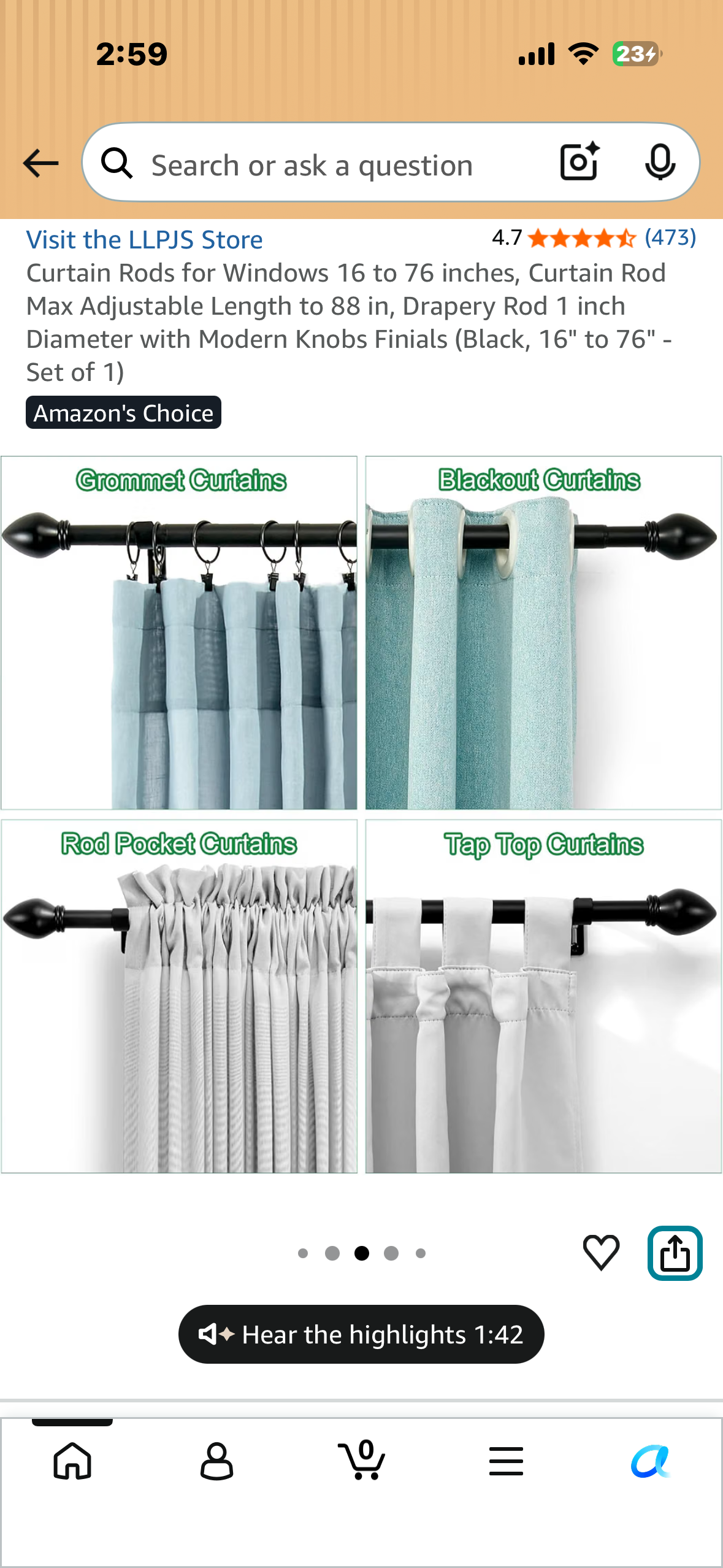 Curtain Rod 16” to 76”, Curtain Rod Max Adjustable Length to 88”, 1” Diameter with Modern Knobs, Finials (Black, Set of 1)