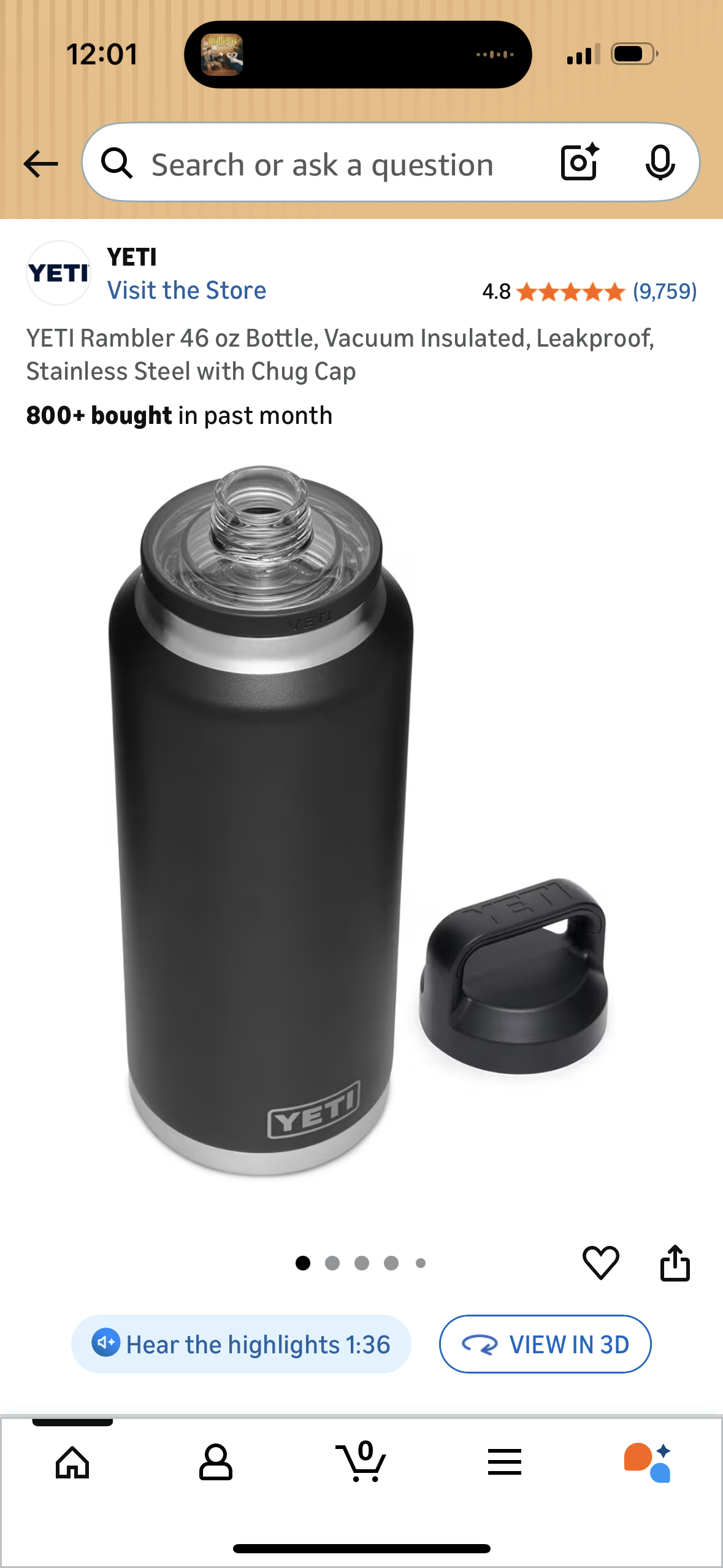 YETI Rambler 46 oz Bottle, Vacuum Insulated, Leakproof, Stainless Steel with Chug Cap