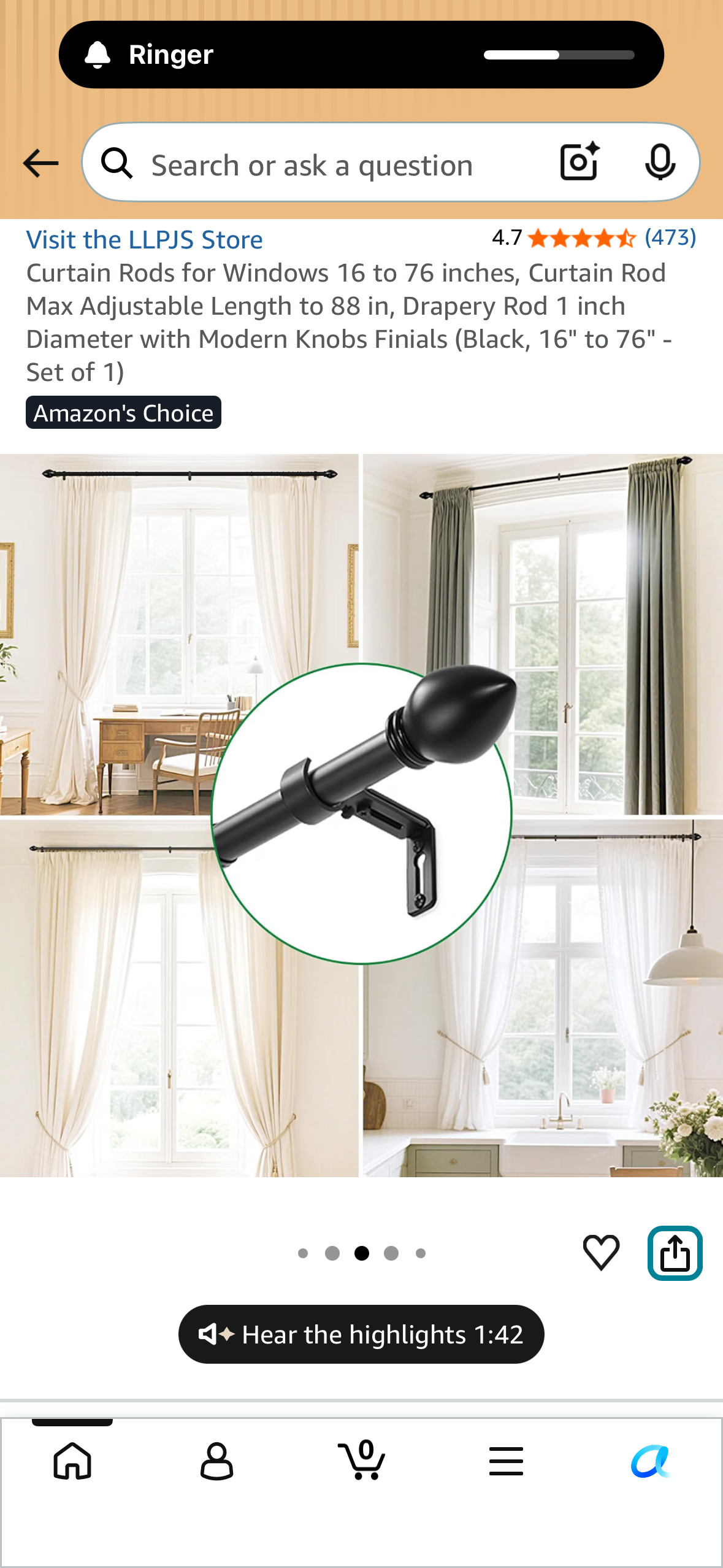 Curtain Rod 16” to 76”, Curtain Rod Max Adjustable Length to 88”, 1” Diameter with Modern Knobs, Finials (Black, Set of 1)