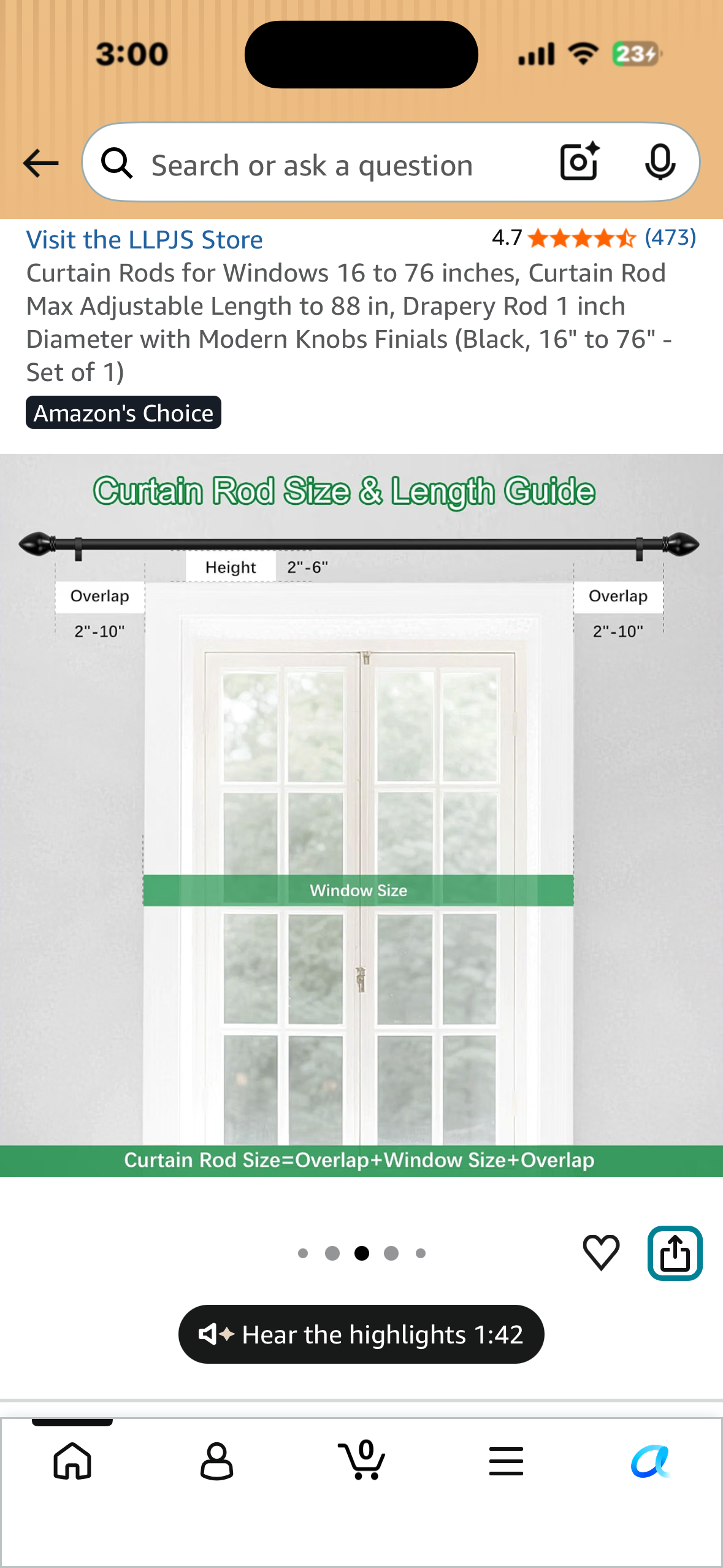 Curtain Rod 16” to 76”, Curtain Rod Max Adjustable Length to 88”, 1” Diameter with Modern Knobs, Finials (Black, Set of 1)