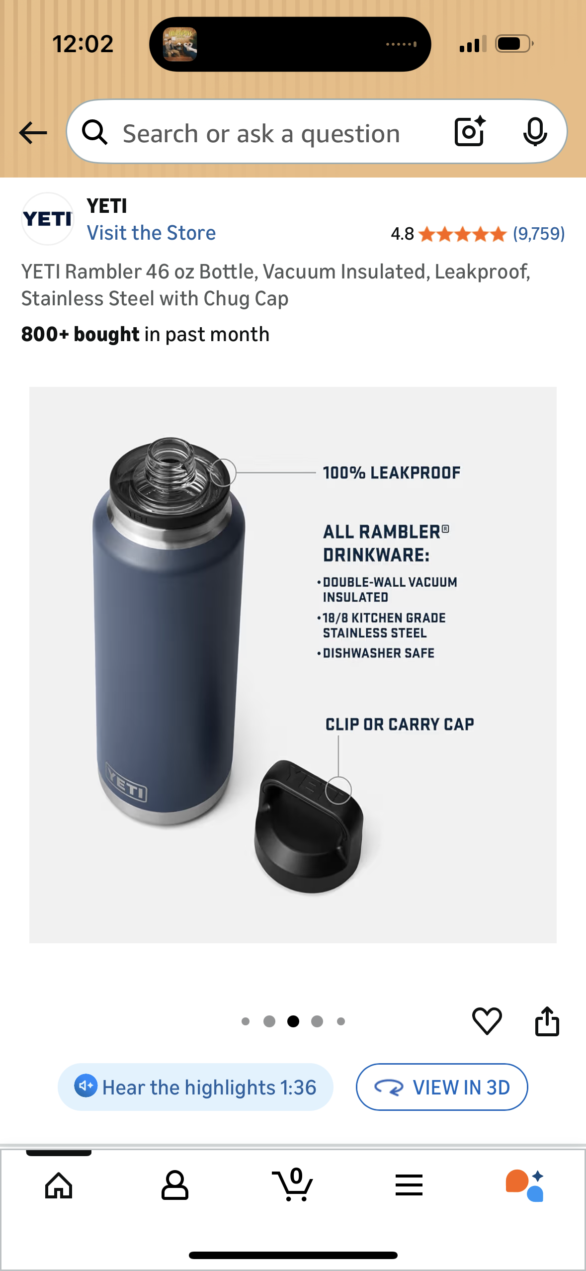 YETI Rambler 46 oz Bottle, Vacuum Insulated, Leakproof, Stainless Steel with Chug Cap