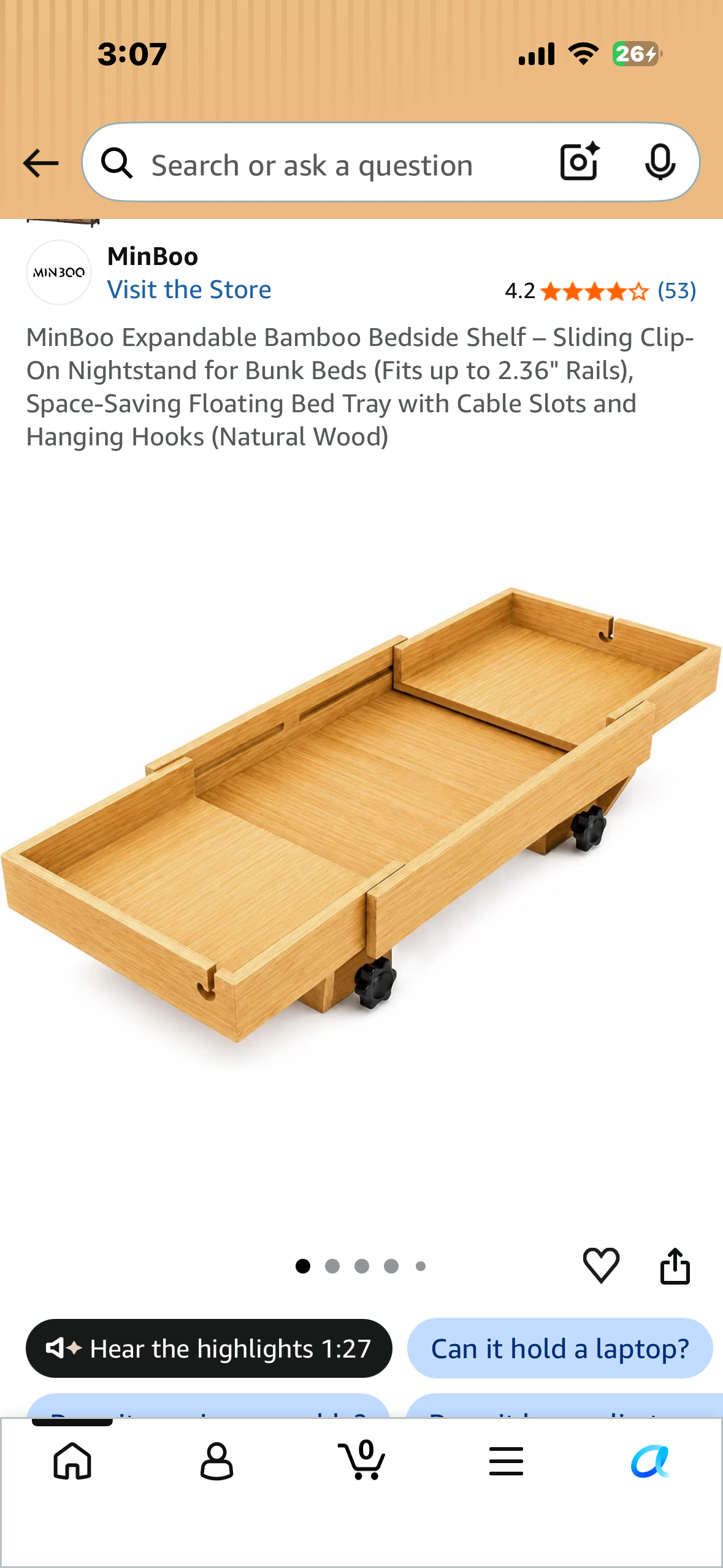 MinBoo Expandable Bamboo Bedside Shelf – Sliding Clip-On Nightstand for Bunk Beds (Fits up to 2.36" Rails), Space-Saving Floating Bed Tray with Cable Slots and Hanging Hooks (Natural Wood)