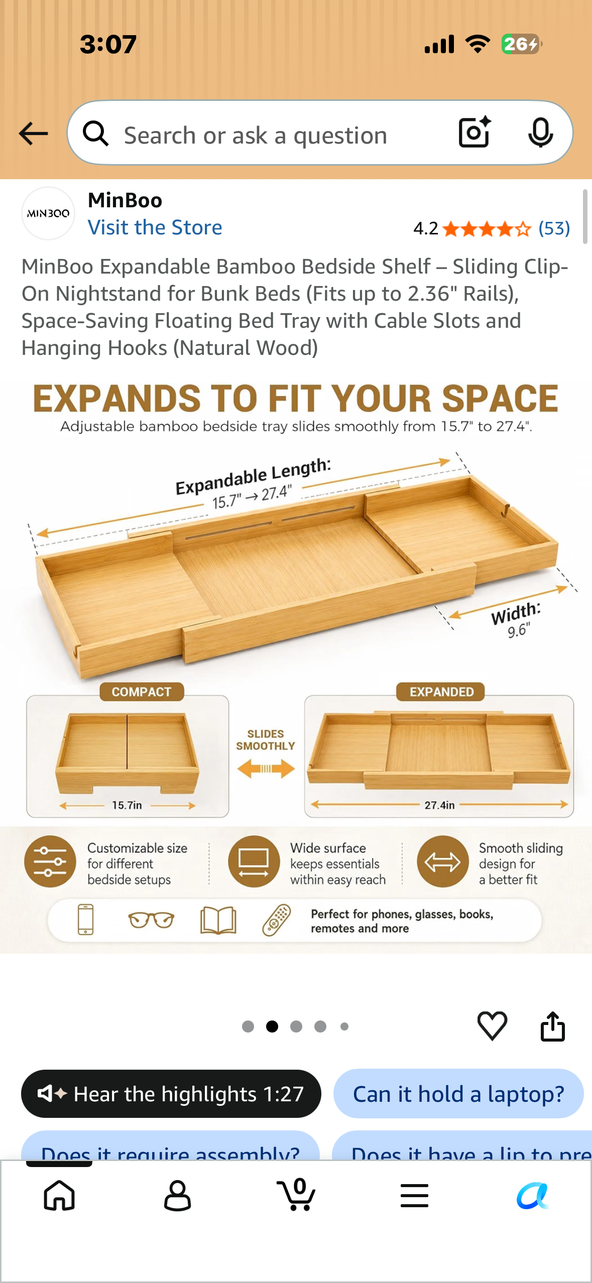 MinBoo Expandable Bamboo Bedside Shelf – Sliding Clip-On Nightstand for Bunk Beds (Fits up to 2.36" Rails), Space-Saving Floating Bed Tray with Cable Slots and Hanging Hooks (Natural Wood)
