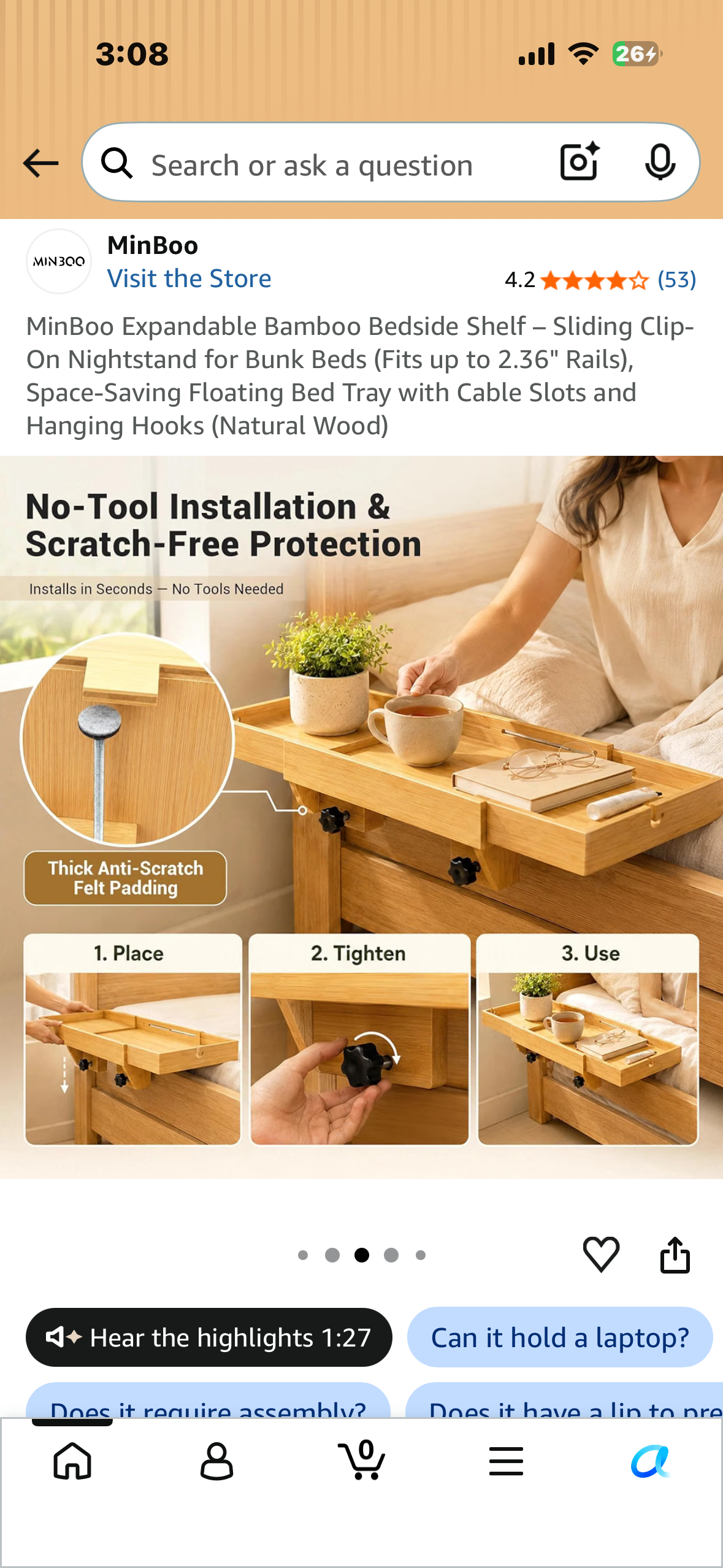 MinBoo Expandable Bamboo Bedside Shelf – Sliding Clip-On Nightstand for Bunk Beds (Fits up to 2.36" Rails), Space-Saving Floating Bed Tray with Cable Slots and Hanging Hooks (Natural Wood)